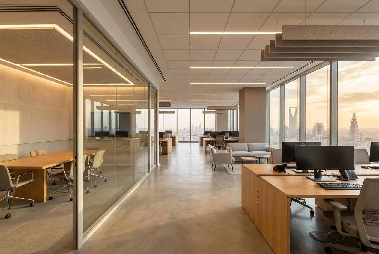 تجهيز المكاتب في الرياض 2026 (Office Fit-out): تكلفة المتر والمدة والمراحل وما تتفق عليه مع المؤجر